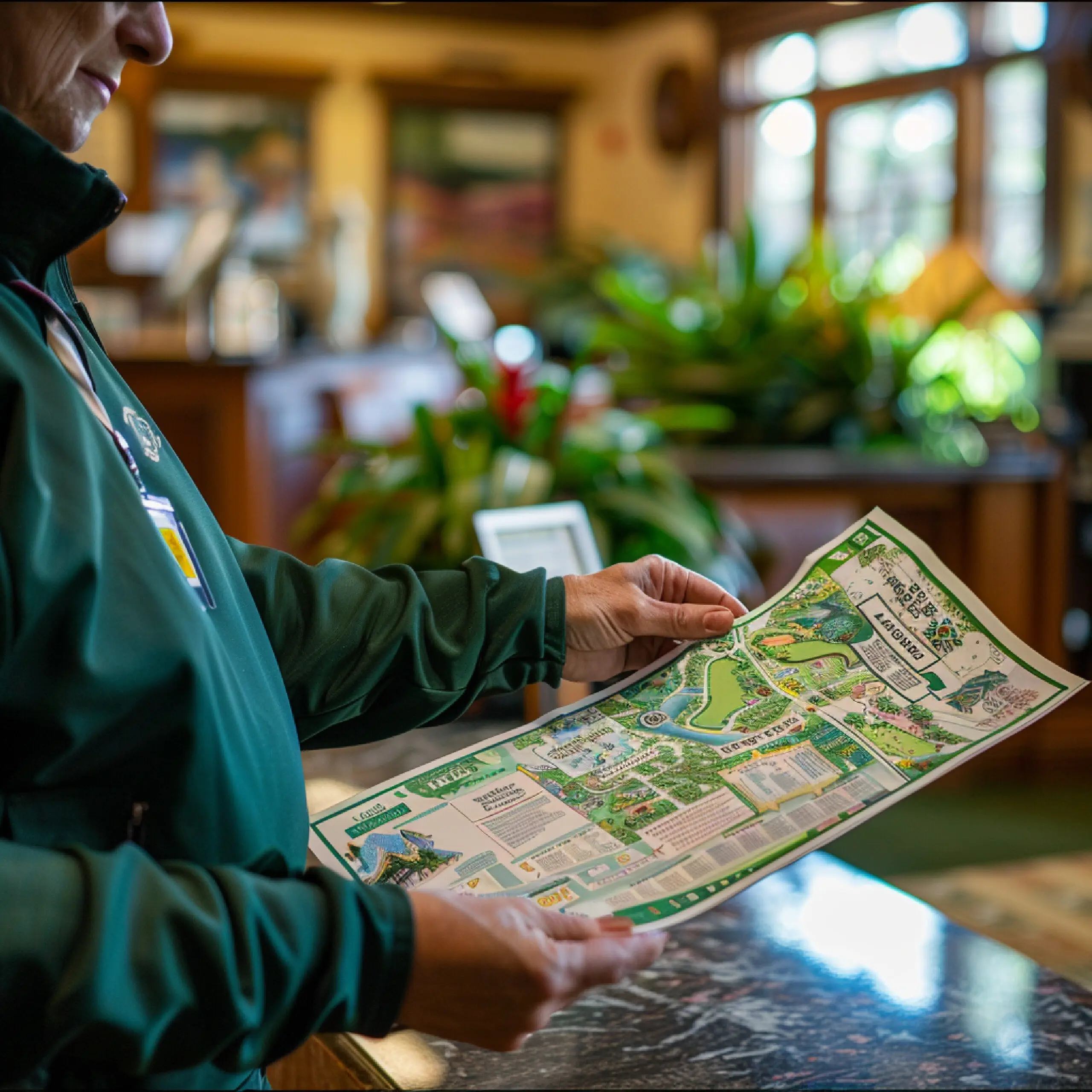 Eine Person erhält am Gästeservice einen Parkplan und eine Informationsbroschüre.