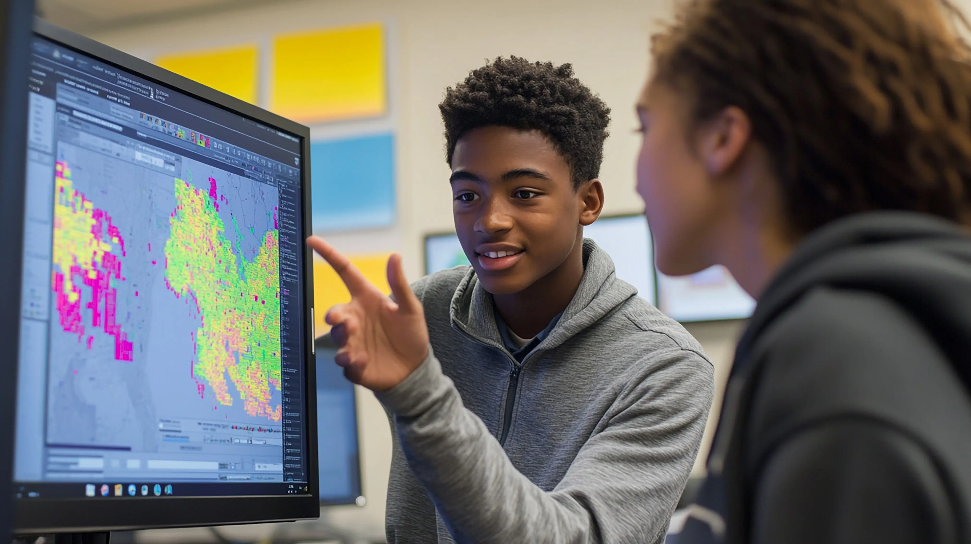 Ein Teenager führt ein Computerprogramm-Projekt vor.