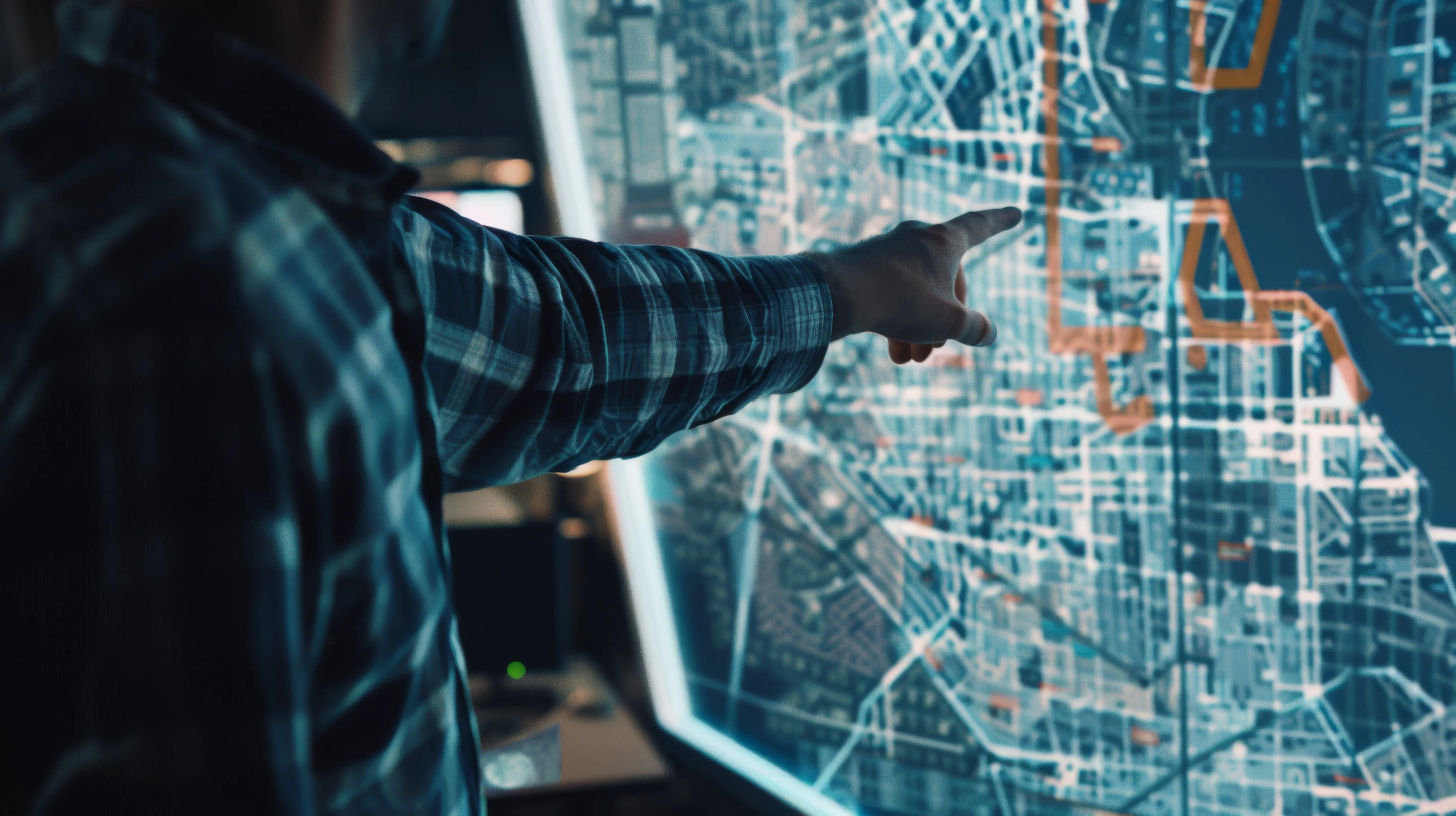 Eine Person zeigt auf eine detaillierte Stadtkarte an einem großen Touchscreen, wobei moderne Technologie und Stadtplanung hervorgehoben werden.