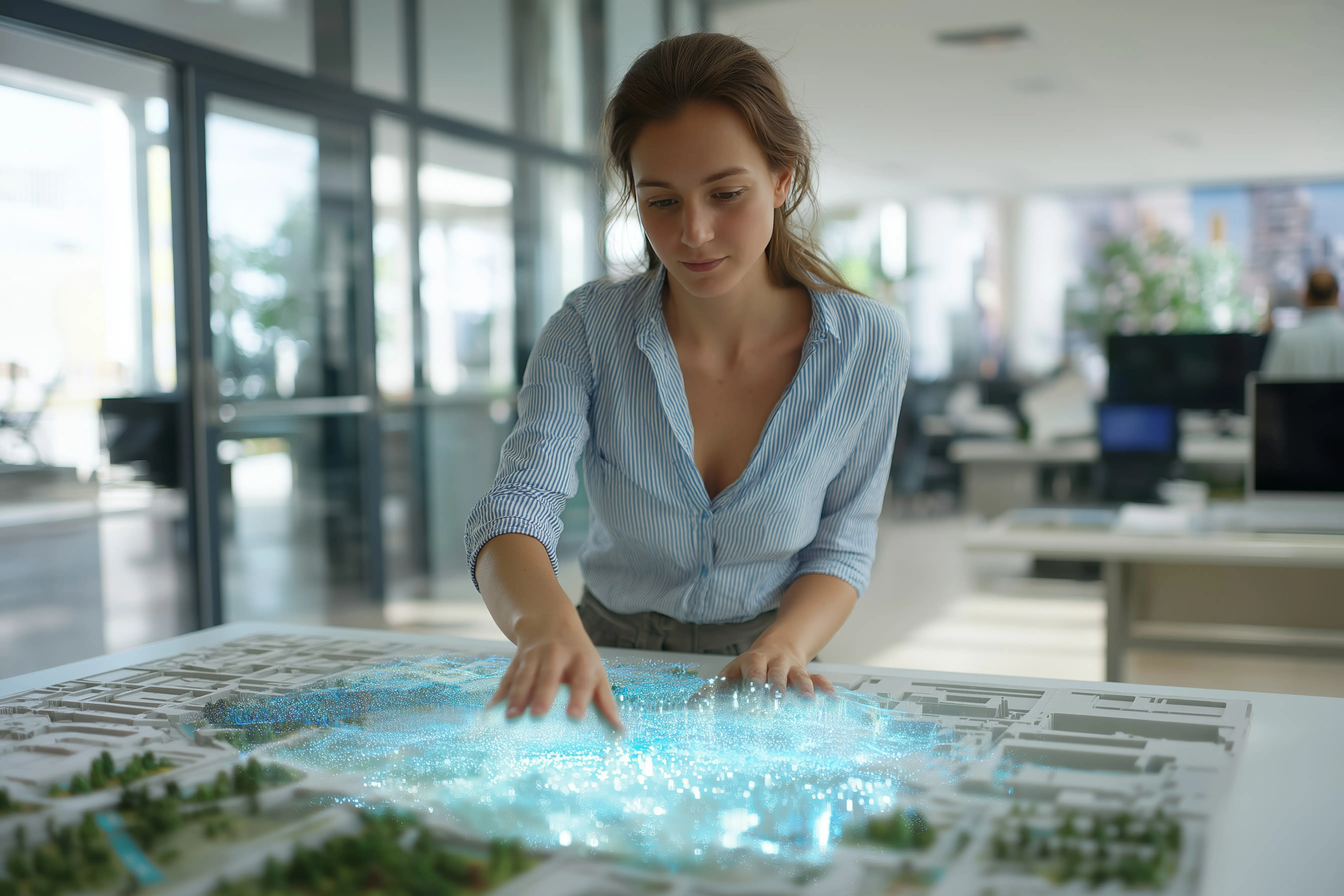 Frau interagiert mit einer Augmented-Reality-Karte