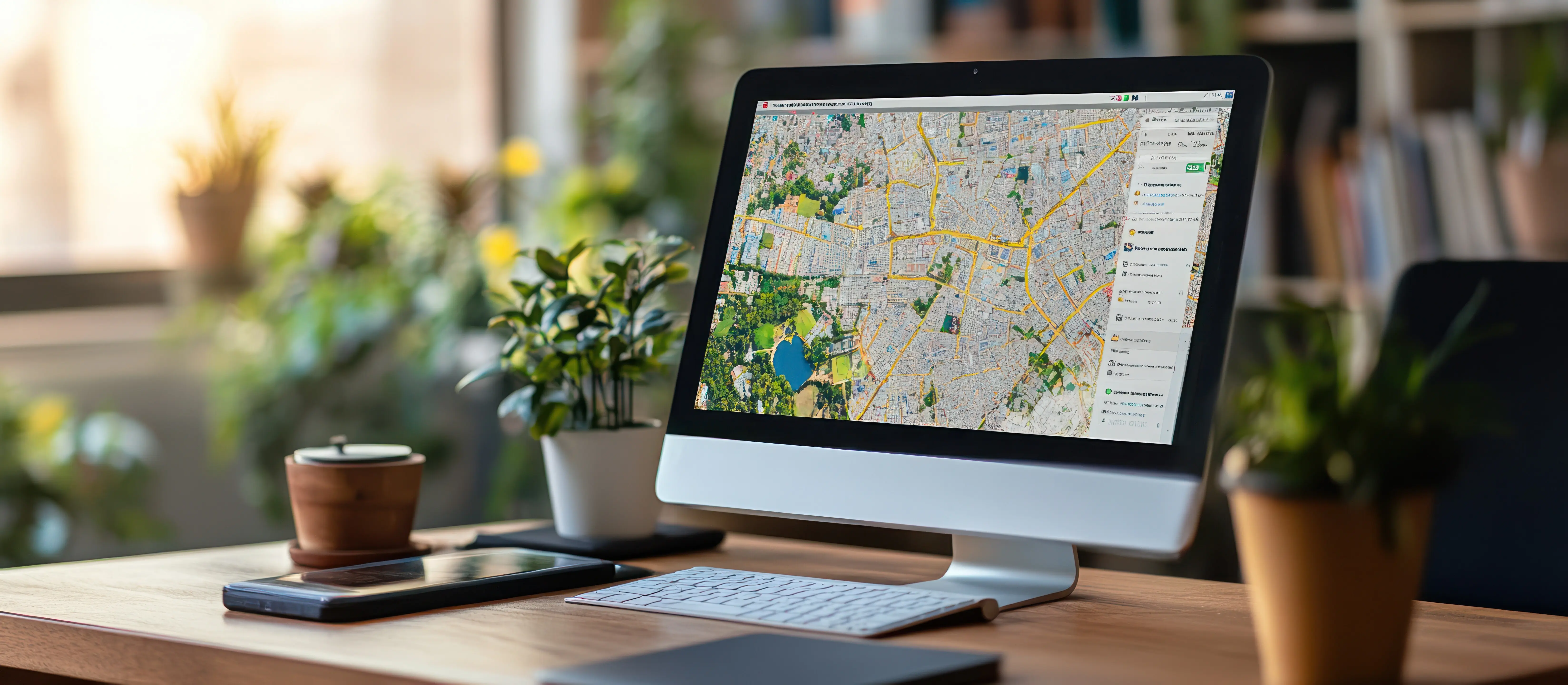 Desktop, auf dessen Bildschirm eine Karte angezeigt wird.