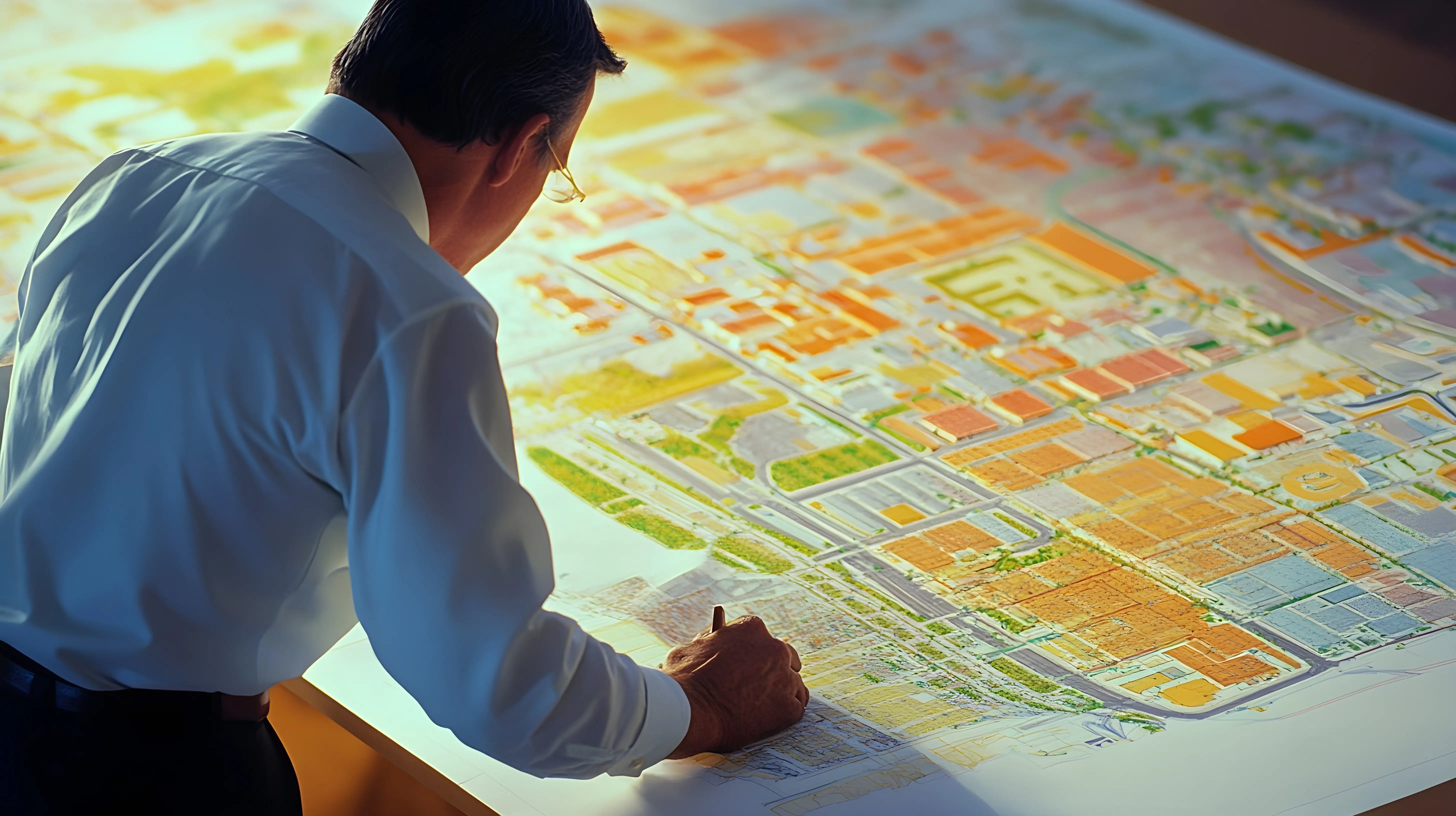 Ein Stadtplaner, der den Zonierungsplan einer Stadt analysiert, umgeben von Diagrammen und Grafiken, mit einem hellen, einfarbigen Hintergrund.