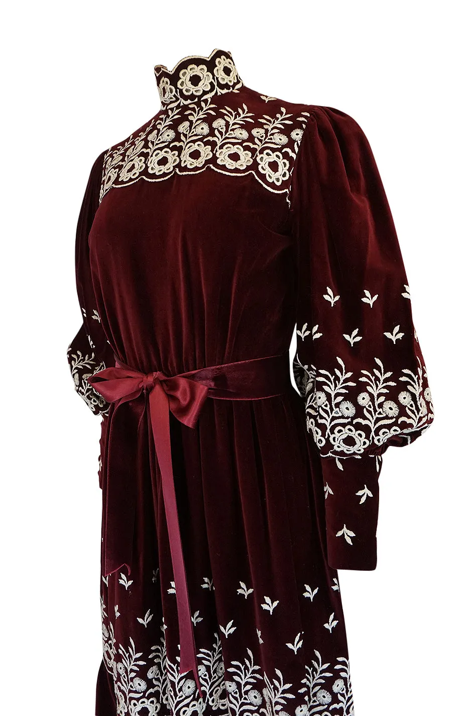 1960s Bill Tice Rich Garnet Velvet & Embroidered Floral Dress