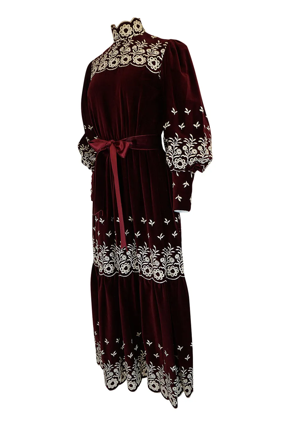 1960s Bill Tice Rich Garnet Velvet & Embroidered Floral Dress