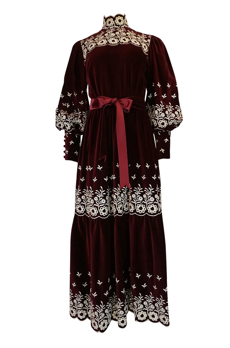 1960s Bill Tice Rich Garnet Velvet & Embroidered Floral Dress