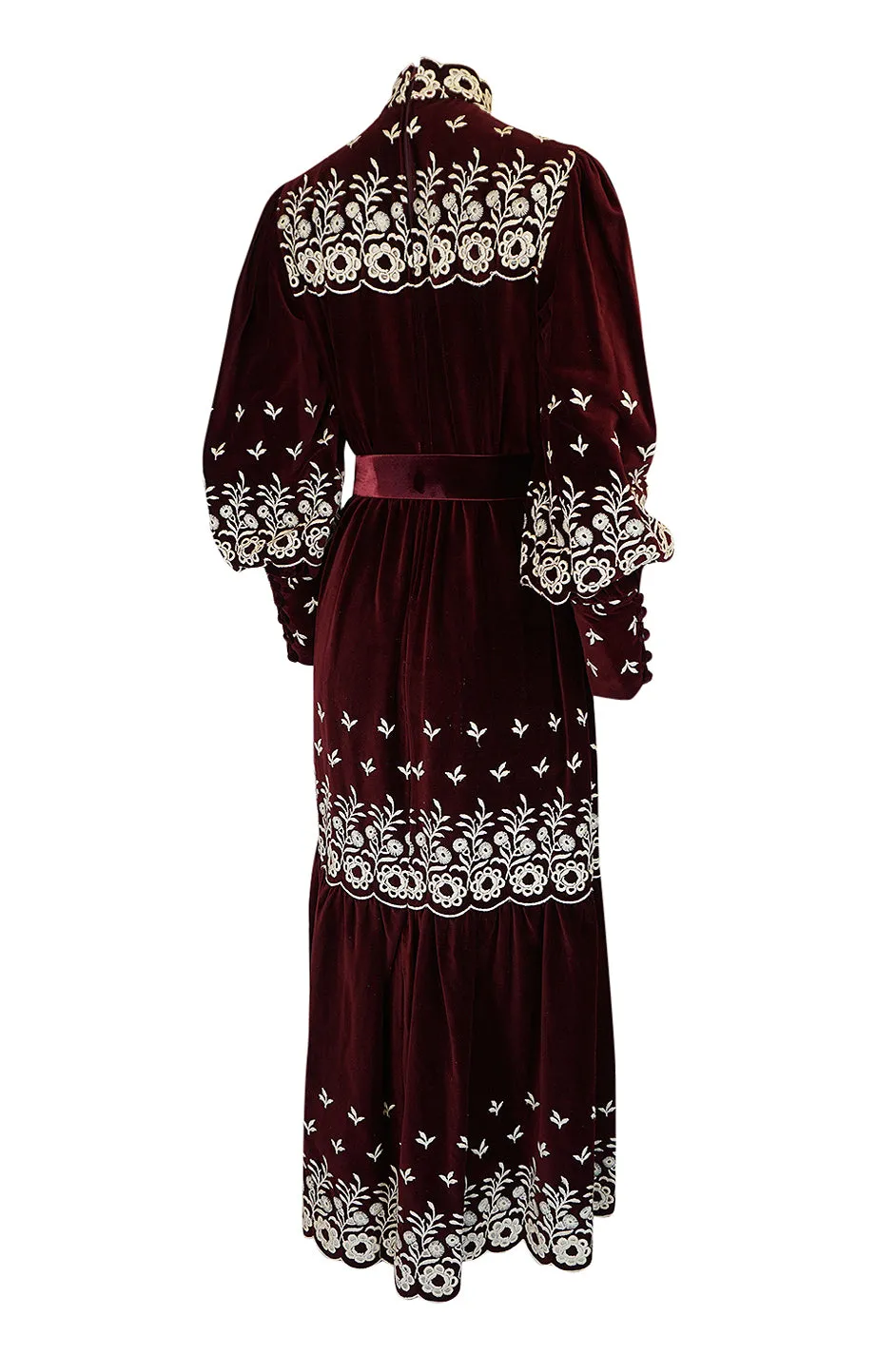 1960s Bill Tice Rich Garnet Velvet & Embroidered Floral Dress