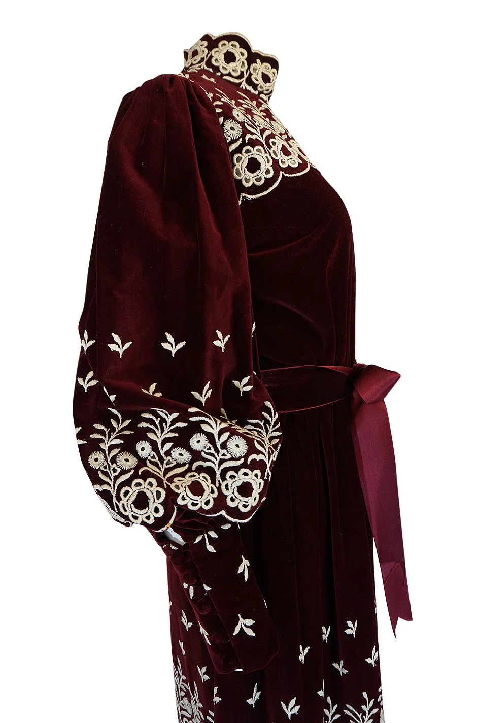 1960s Bill Tice Rich Garnet Velvet & Embroidered Floral Dress