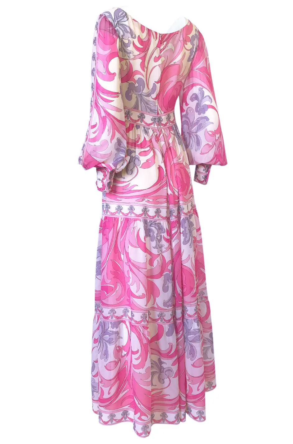 1960s Emilio Pucci Pretty Pink Print Silk Chiffon Tiered Skirted Maxi Dress