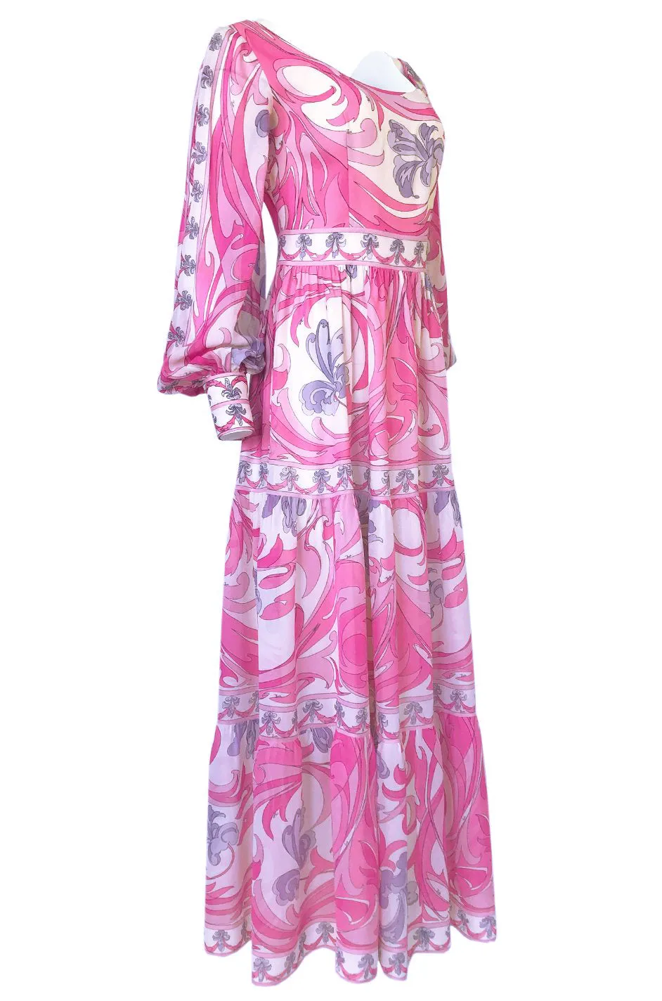 1960s Emilio Pucci Pretty Pink Print Silk Chiffon Tiered Skirted Maxi Dress