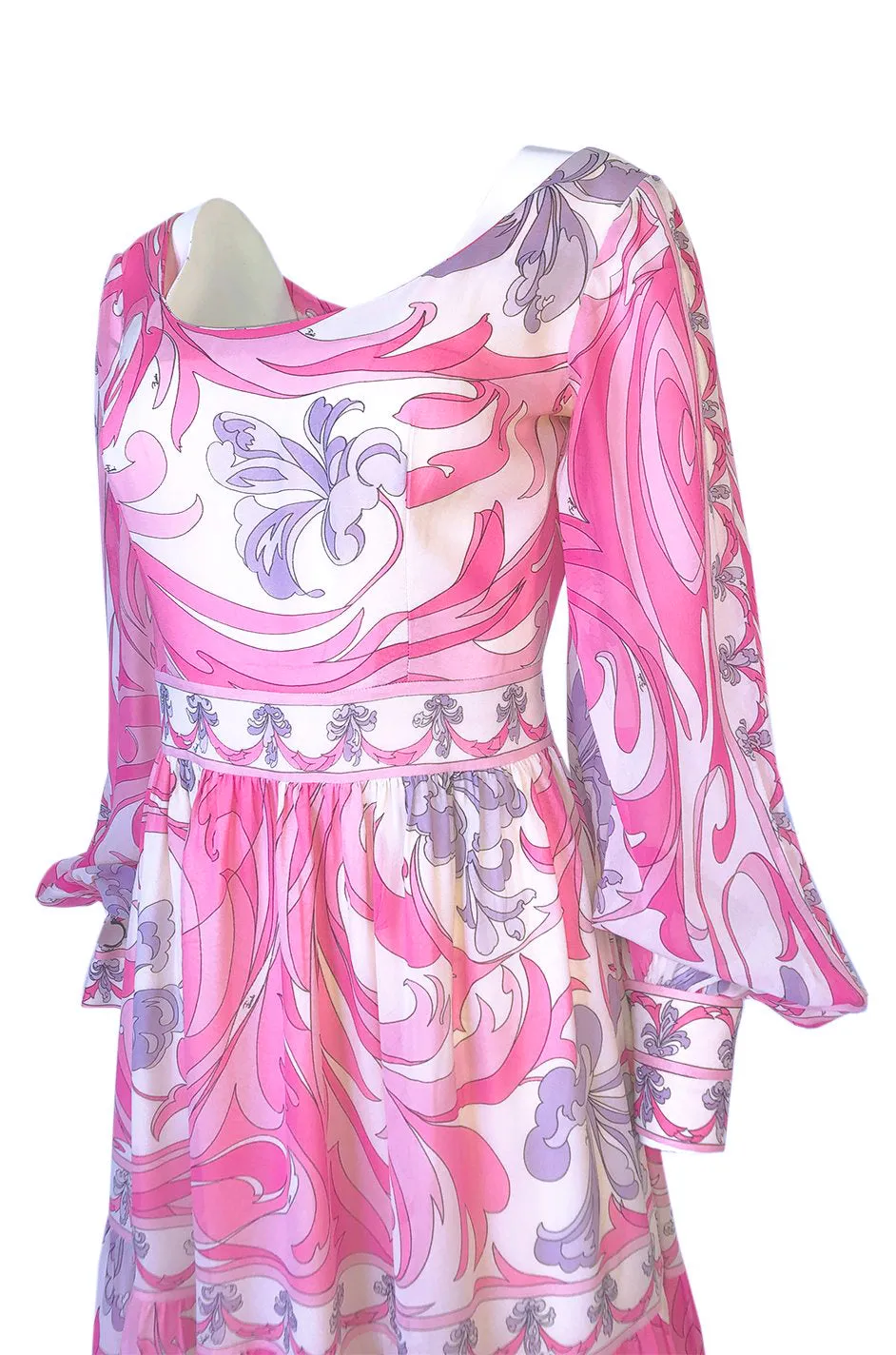 1960s Emilio Pucci Pretty Pink Print Silk Chiffon Tiered Skirted Maxi Dress