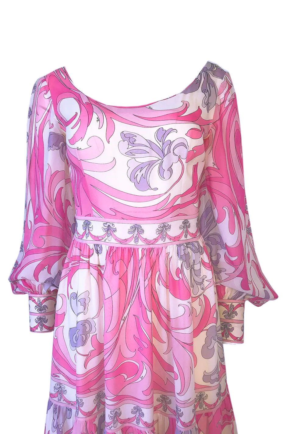 1960s Emilio Pucci Pretty Pink Print Silk Chiffon Tiered Skirted Maxi Dress