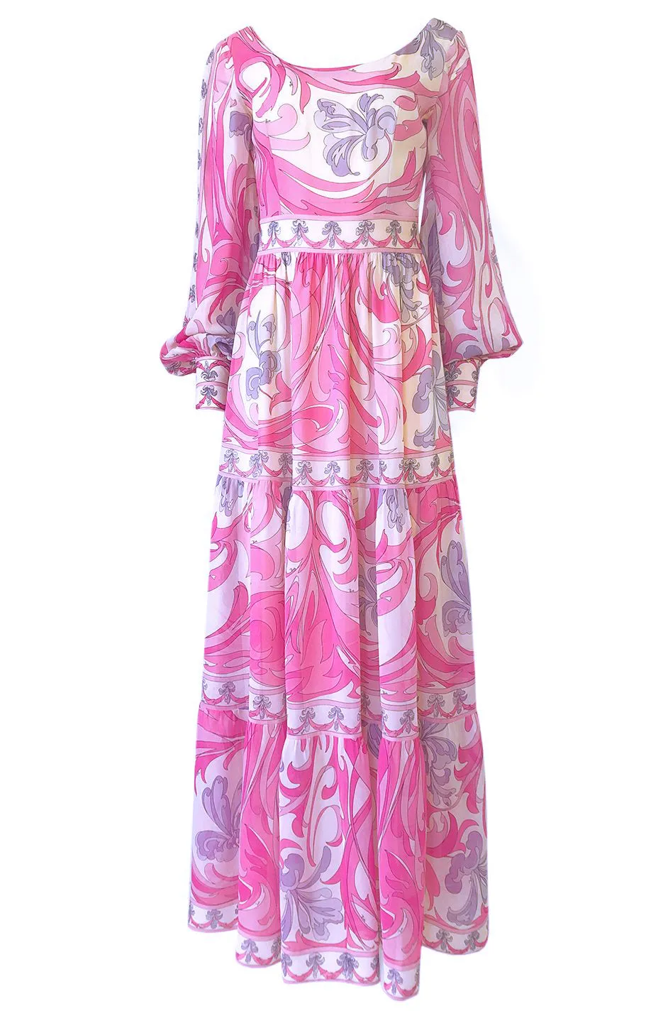 1960s Emilio Pucci Pretty Pink Print Silk Chiffon Tiered Skirted Maxi Dress