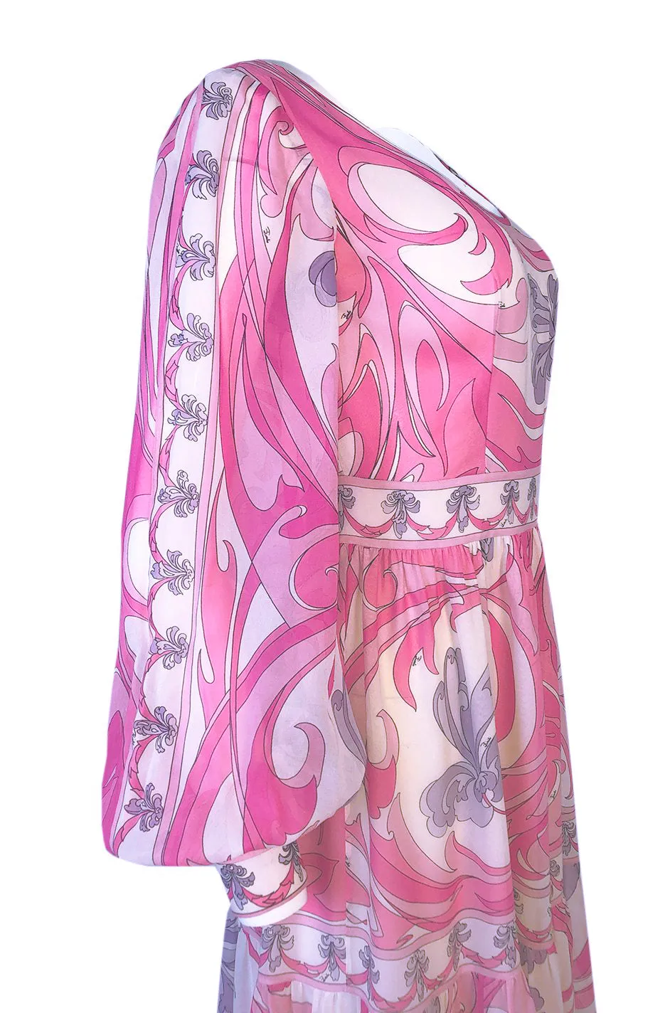 1960s Emilio Pucci Pretty Pink Print Silk Chiffon Tiered Skirted Maxi Dress