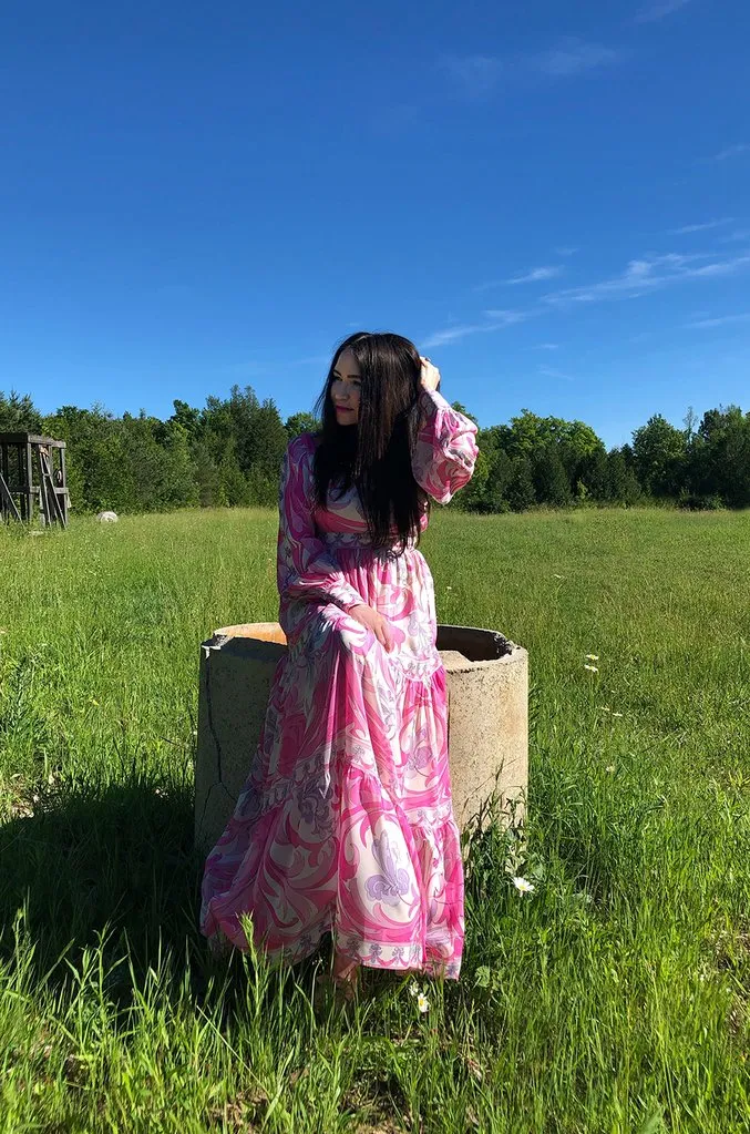 1960s Emilio Pucci Pretty Pink Print Silk Chiffon Tiered Skirted Maxi Dress