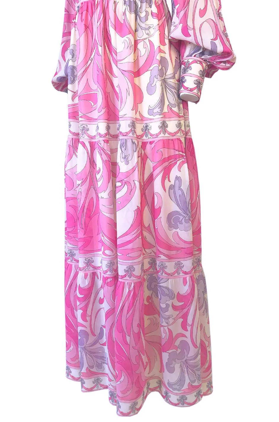 1960s Emilio Pucci Pretty Pink Print Silk Chiffon Tiered Skirted Maxi Dress