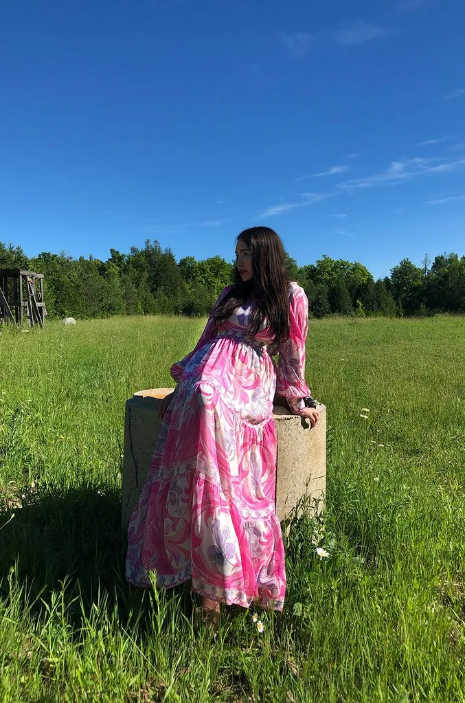 1960s Emilio Pucci Pretty Pink Print Silk Chiffon Tiered Skirted Maxi Dress