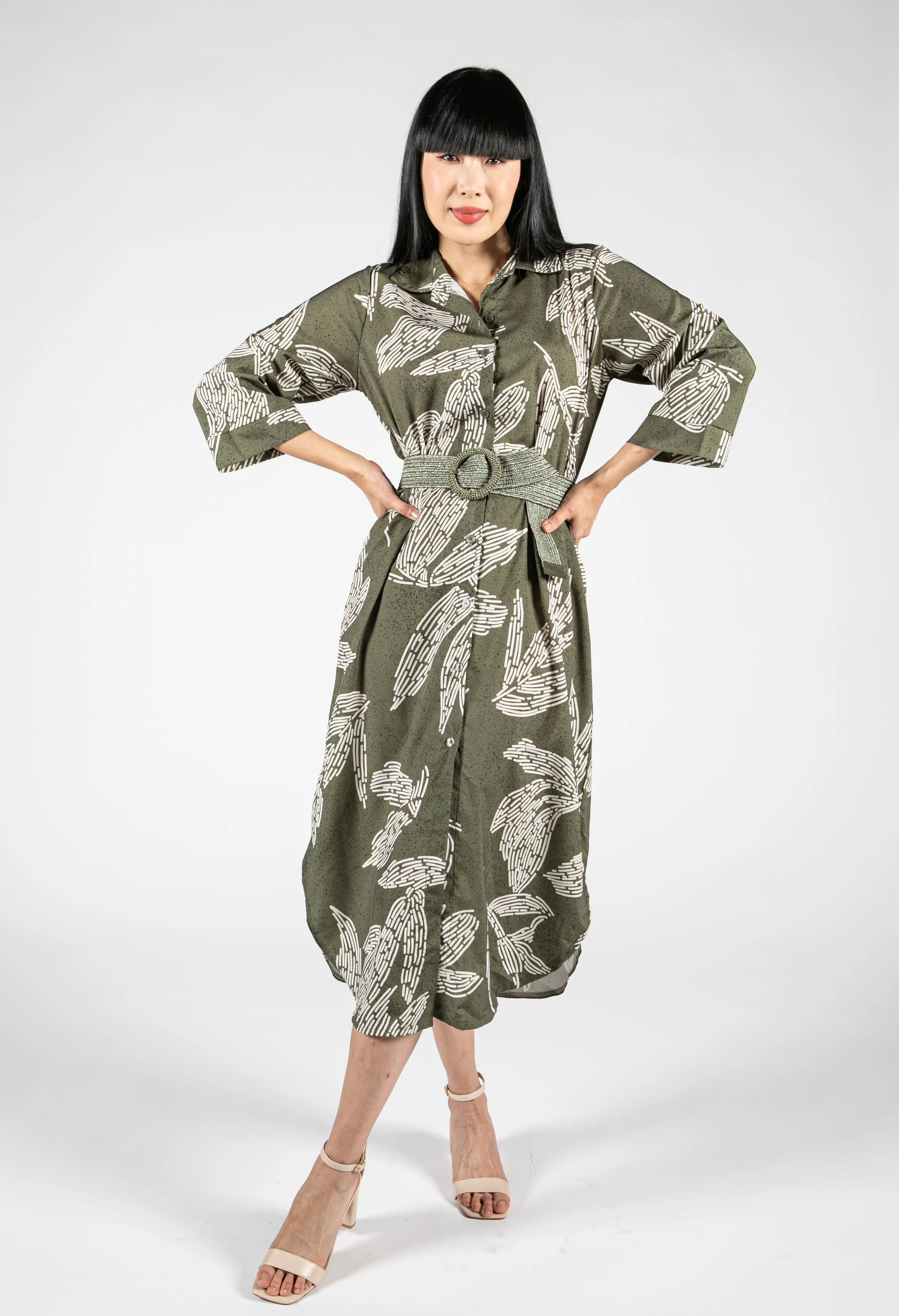 Abstract Leaf Print Shirt Dress