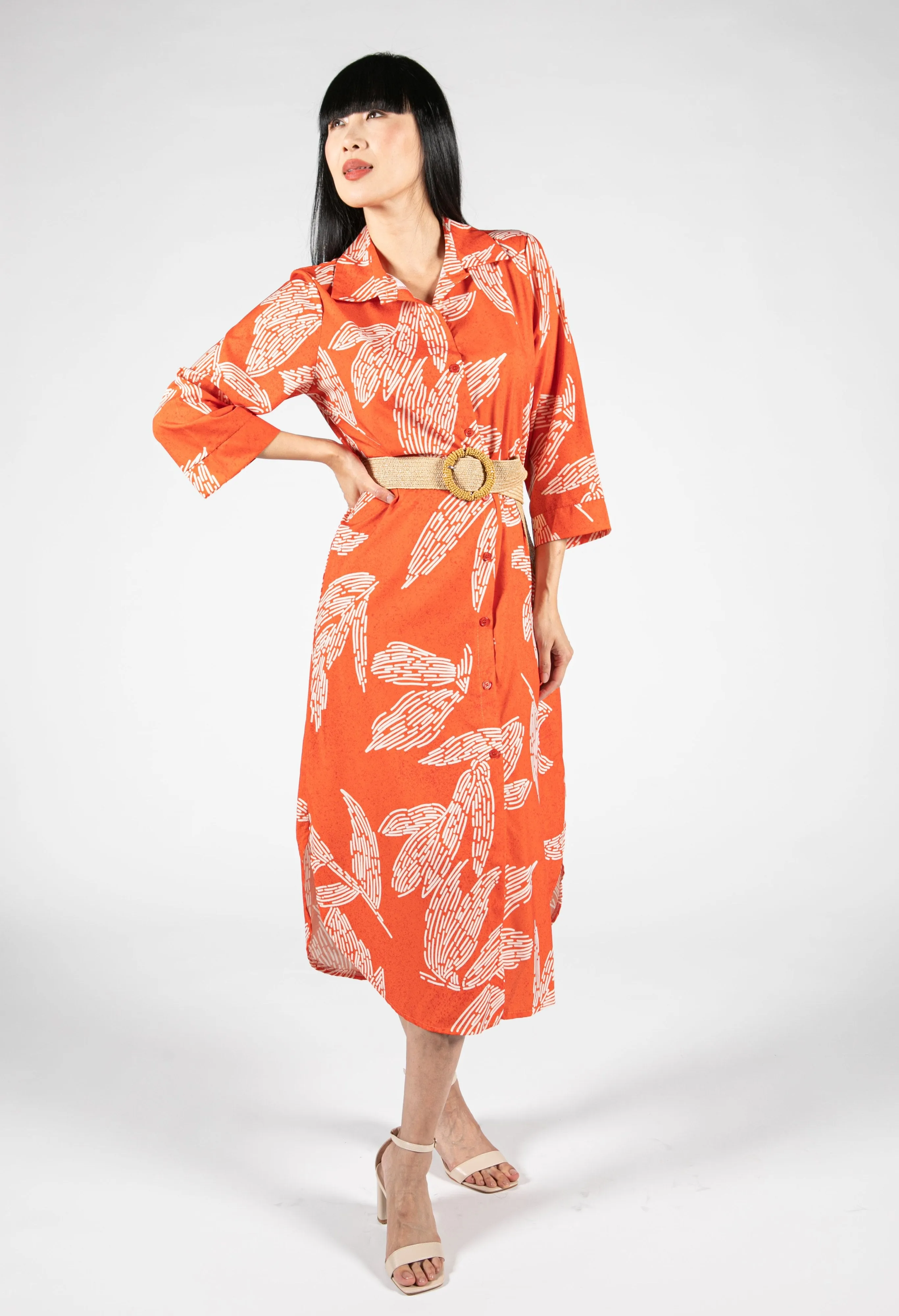 Abstract Leaf Print Shirt Dress