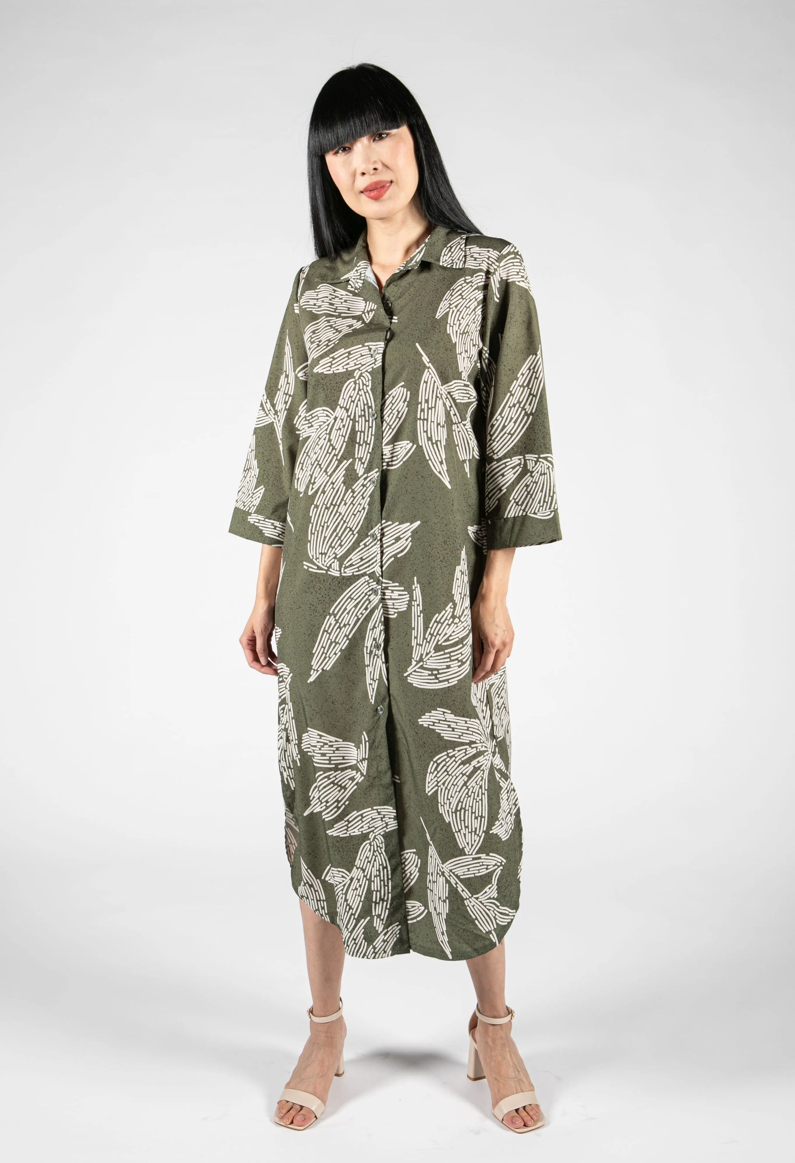 Abstract Leaf Print Shirt Dress