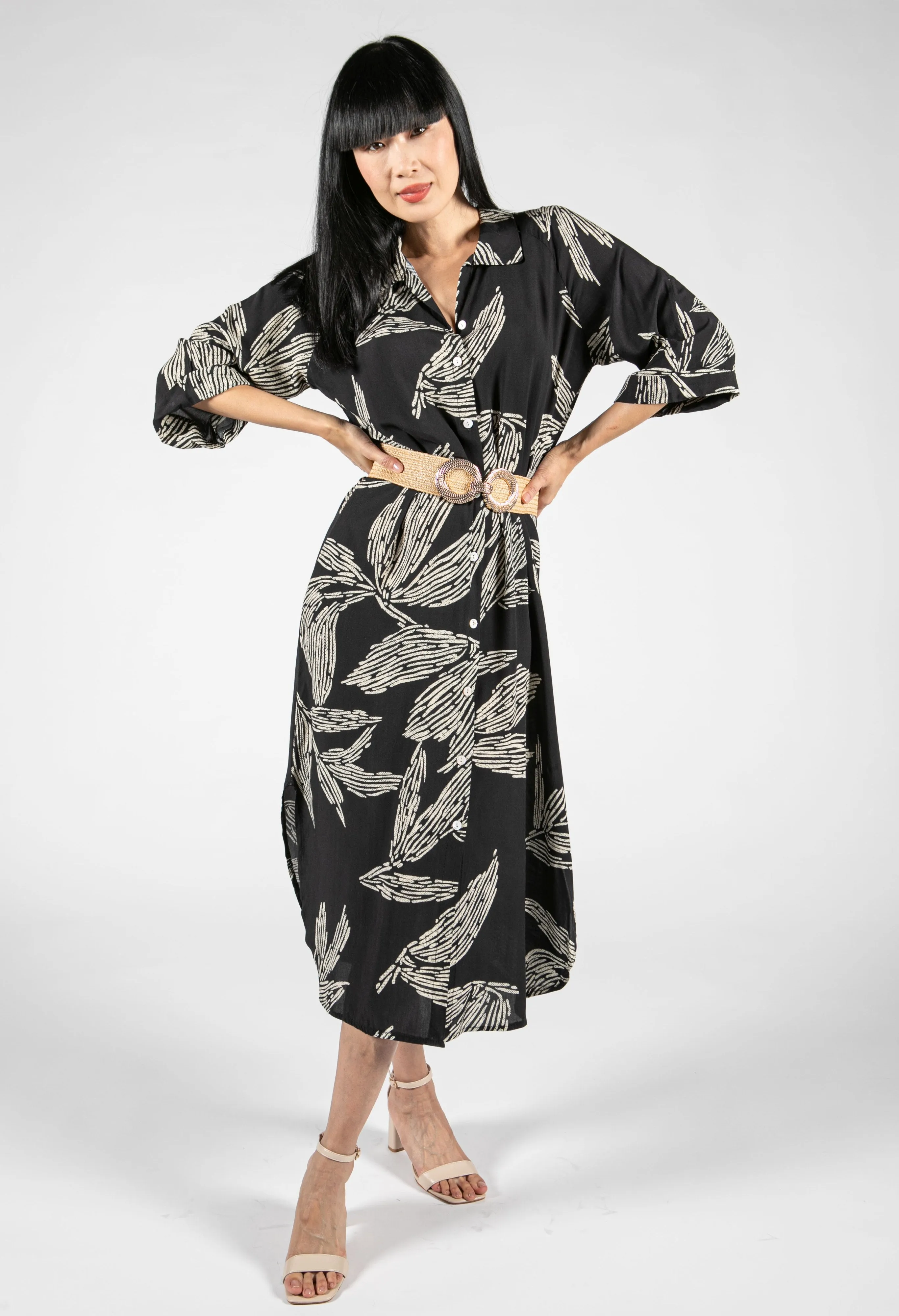 Abstract Leaf Print Shirt Dress