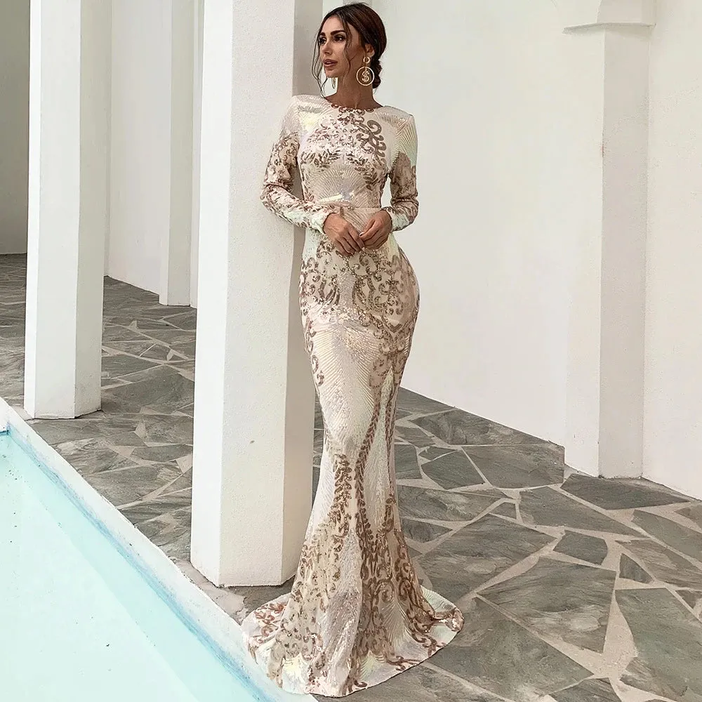 Ashoreshop Shimmering Luxury Elegant Long Evening Party Dress Long Sleeve Sequence