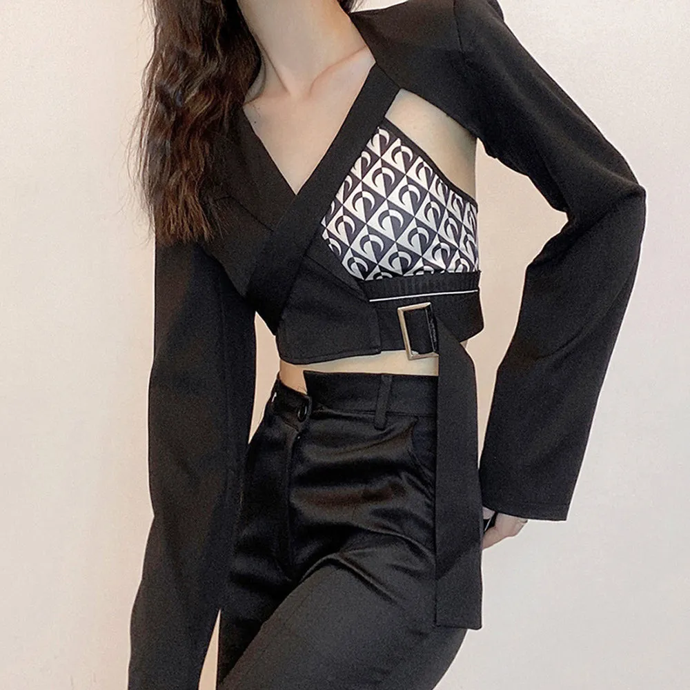 Asymmetric Hollow Blazer Black Crop Top