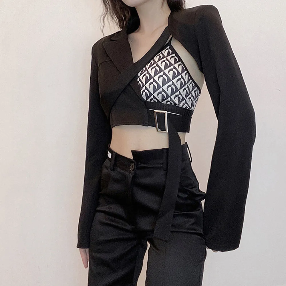 Asymmetric Hollow Blazer Black Crop Top