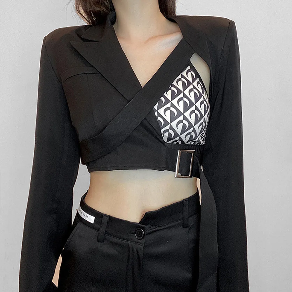 Asymmetric Hollow Blazer Black Crop Top