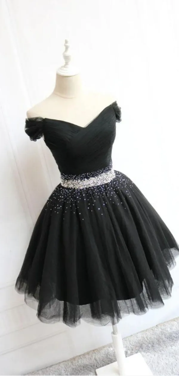 Black Beaded Empire Tulle Sexy Women Mini Dresses Homecoming Dresses, PDS0556