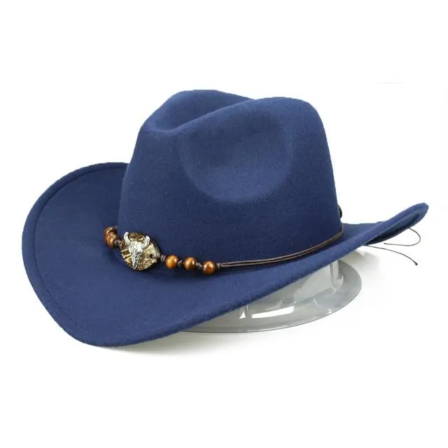 Western Bull Skull Cowboy Hat with Rope Beaded Hat Band – Rustic Country Style Accessory