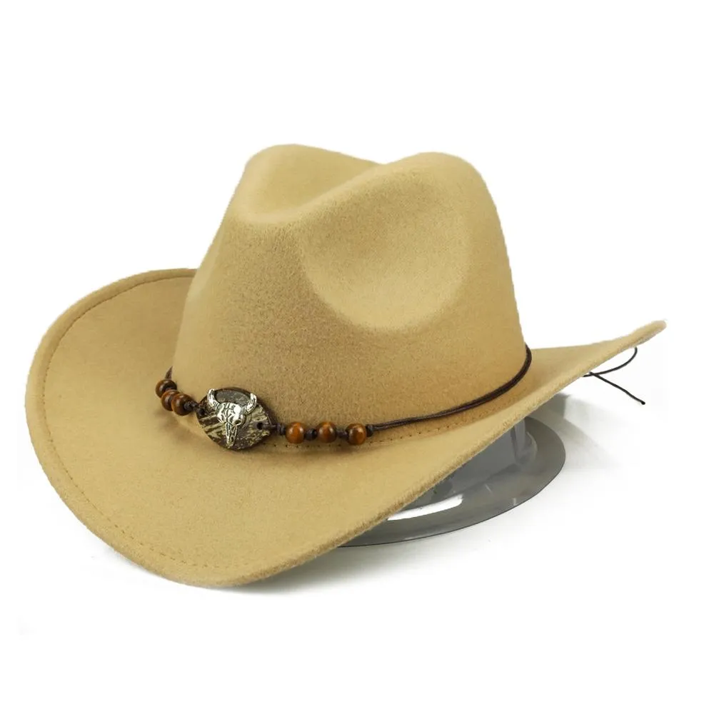 Western Bull Skull Cowboy Hat with Rope Beaded Hat Band – Rustic Country Style Accessory