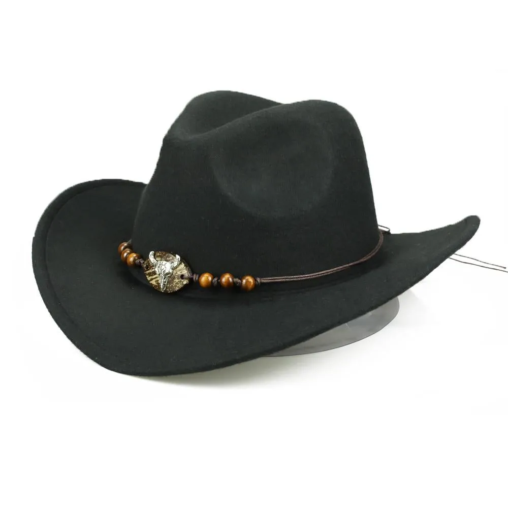 Western Bull Skull Cowboy Hat with Rope Beaded Hat Band – Rustic Country Style Accessory