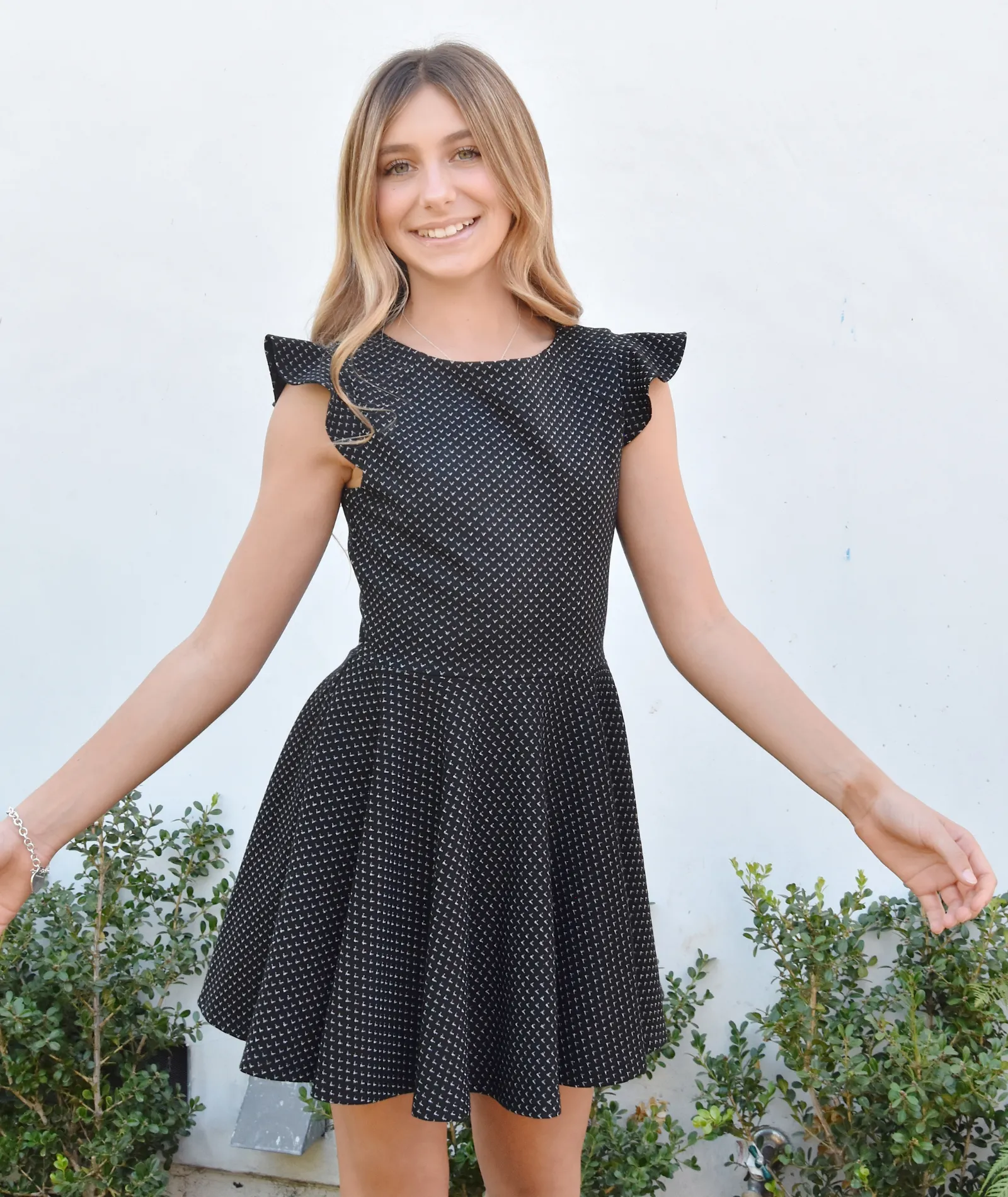 By Debra Girls Black/Silver Flutter Sleeve Fit and Flare Dress