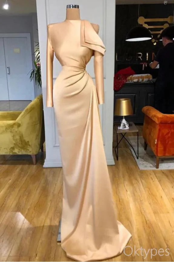 Champagne Elegant One Shoulder Mermaid Women Floor-Length Prom Dresses PDS1220