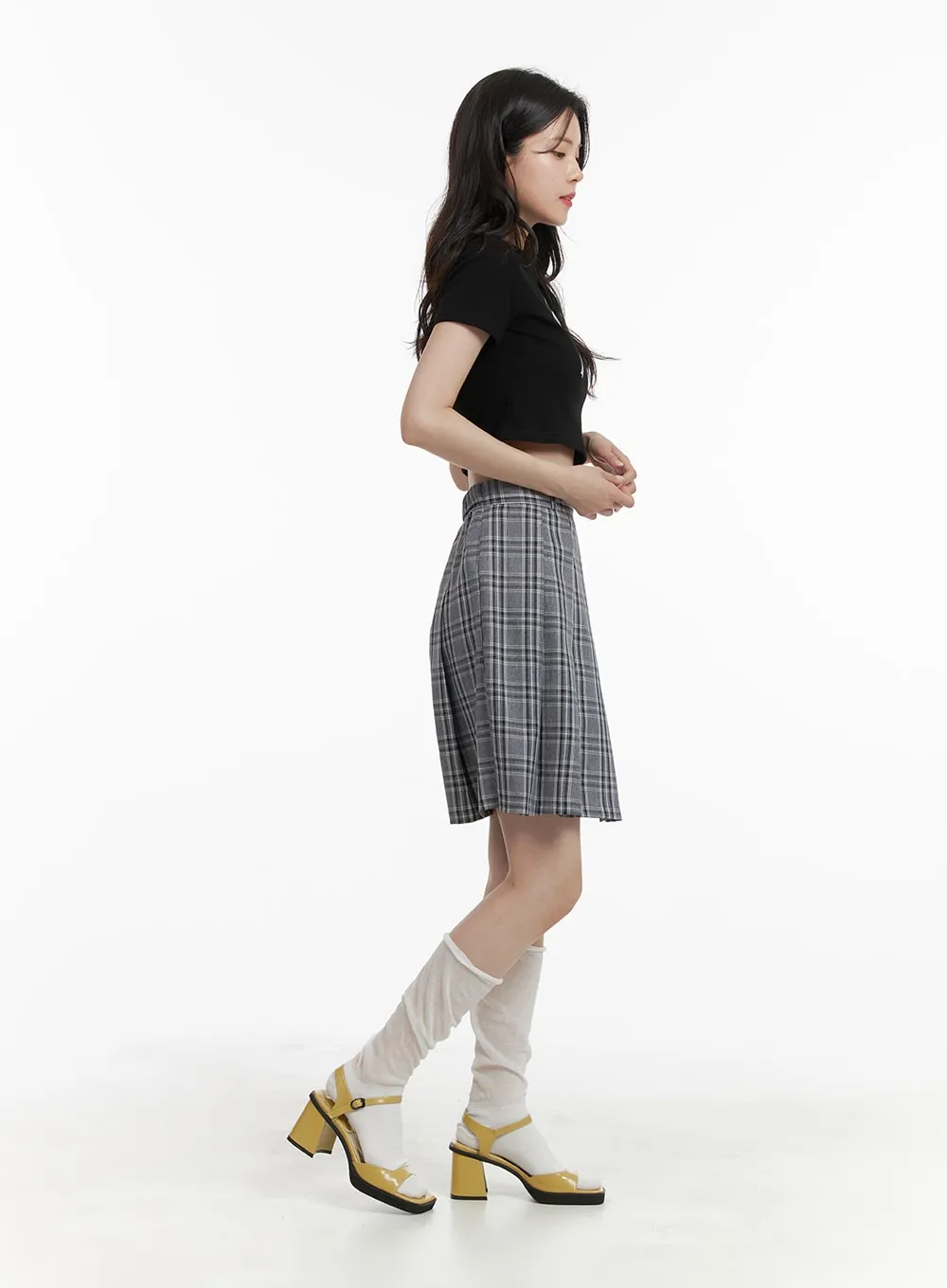 Checkered Pleated Midi Skirt OM421