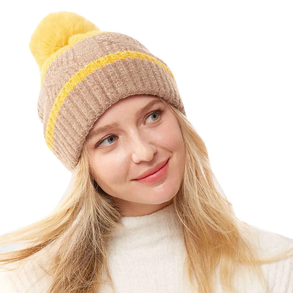 Colorful Lurex Accented Two Tone Knit Pom Pom Beanie Hat