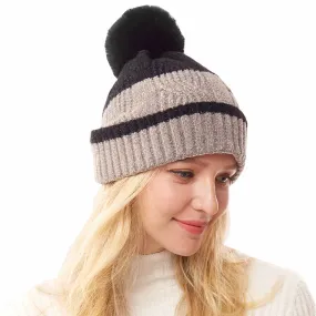 Colorful Lurex Accented Two Tone Knit Pom Pom Beanie Hat