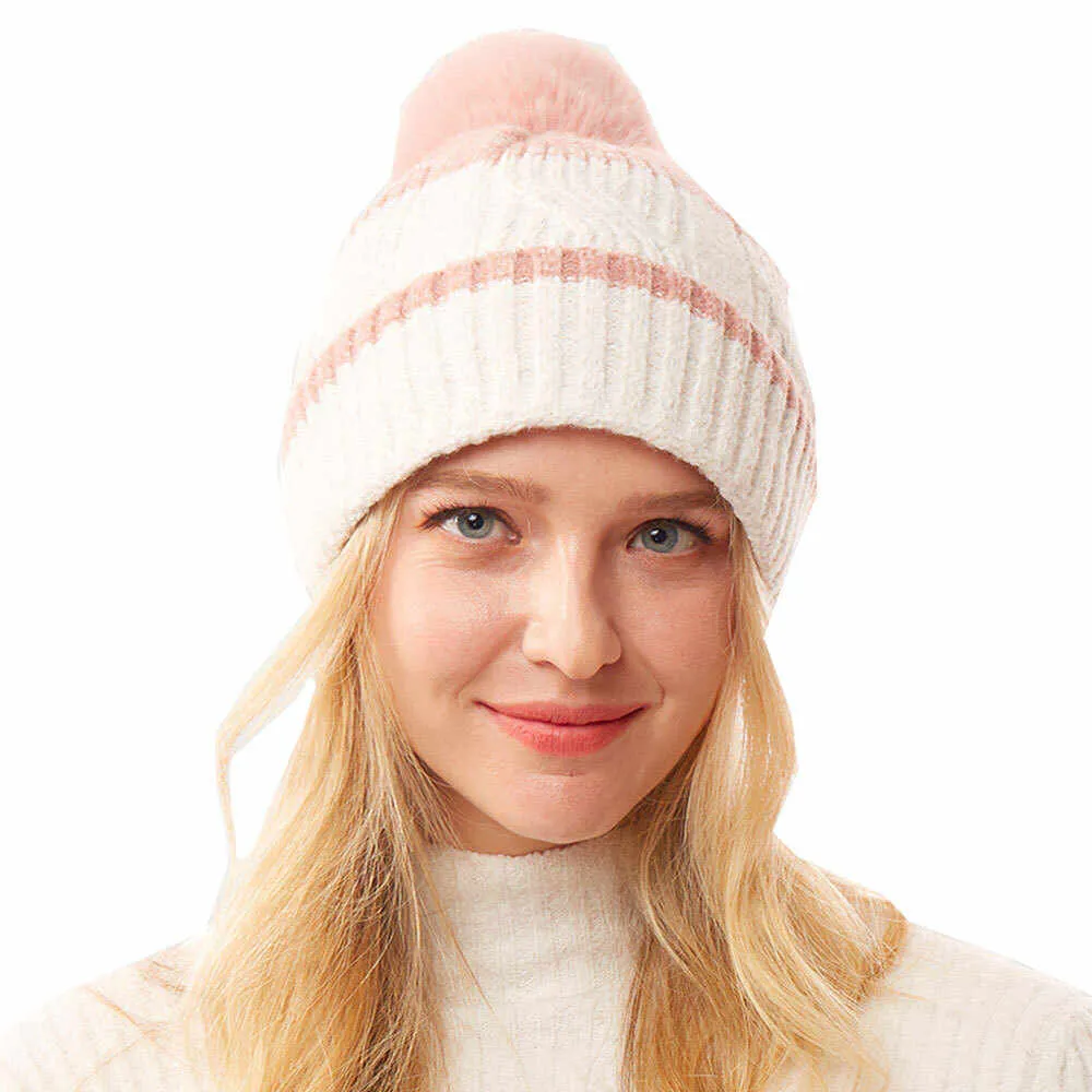 Colorful Lurex Accented Two Tone Knit Pom Pom Beanie Hat