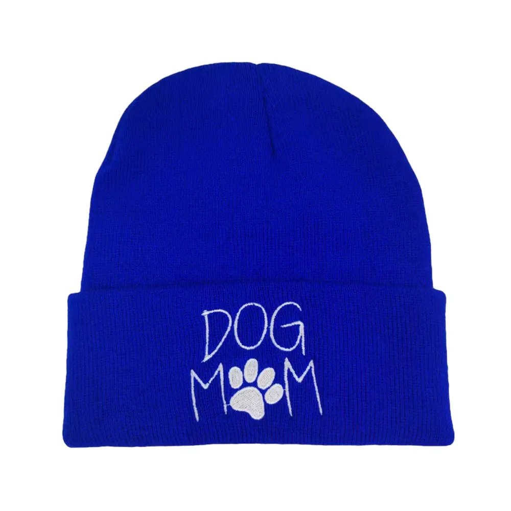 Dog Mom Message Paw Pointed Solid Knit Beanie Hat