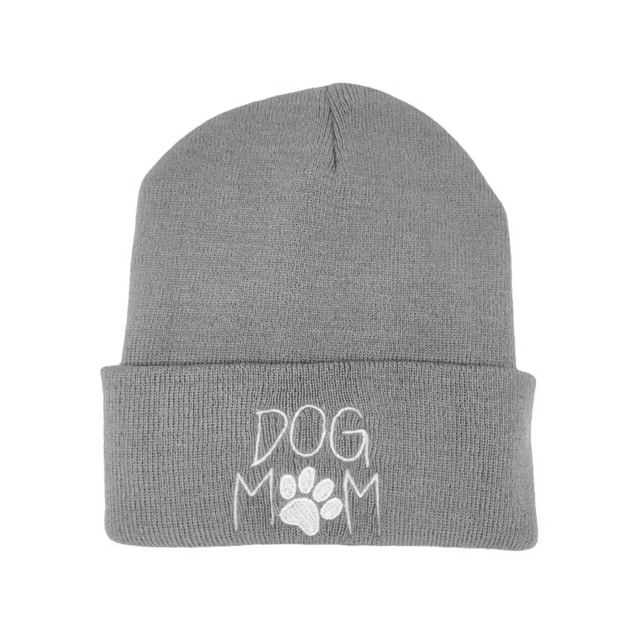 Dog Mom Message Paw Pointed Solid Knit Beanie Hat