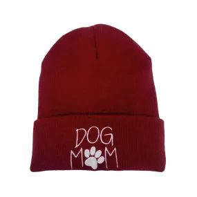 Dog Mom Message Paw Pointed Solid Knit Beanie Hat