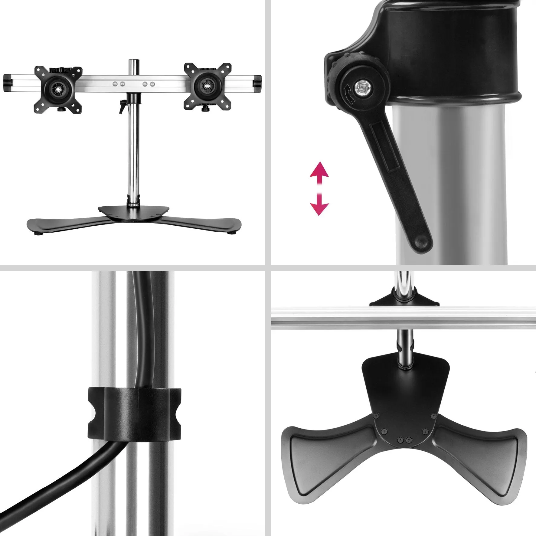 Duronic Computer Monitor Arms Stand DM752 Dual Freestanding PC Multi Arm Desk Mount Height Adjustable Stands for VESA 75/100 Two 15-24 Inch LED LCD Screens 8kg Capacity Mounts Tilt -15/ 15 Rotate 360 - Black