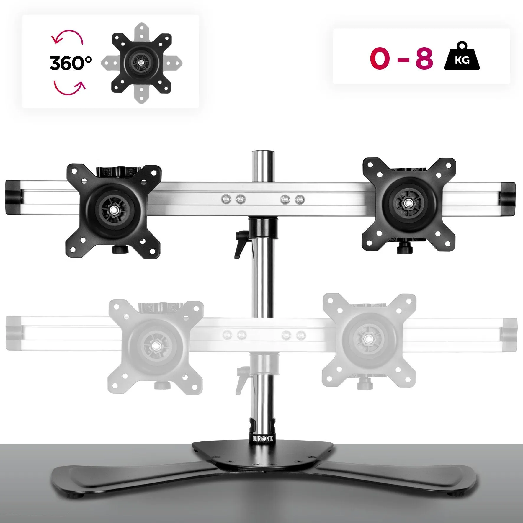 Duronic Computer Monitor Arms Stand DM752 Dual Freestanding PC Multi Arm Desk Mount Height Adjustable Stands for VESA 75/100 Two 15-24 Inch LED LCD Screens 8kg Capacity Mounts Tilt -15/ 15 Rotate 360 - Black