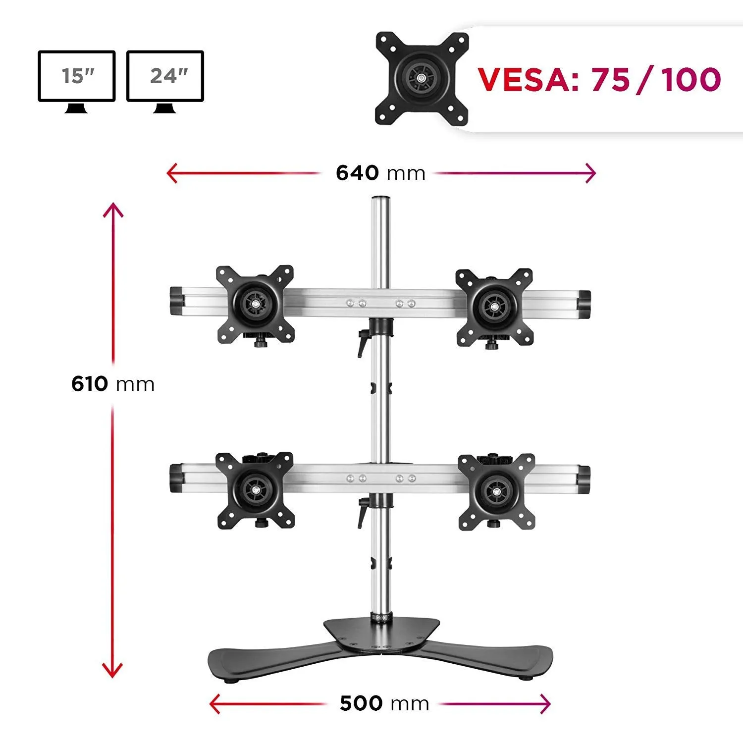 Duronic Computer Monitor Arms Stand DM754 Quadruple Freestanding PC Multi Arms Desk Mount Stands for VESA 75/100 Four 15-24 Inch LED LCD Screens 8kg Capacity Mounts, Tilt -15/ 15, Rotate 360 - Black