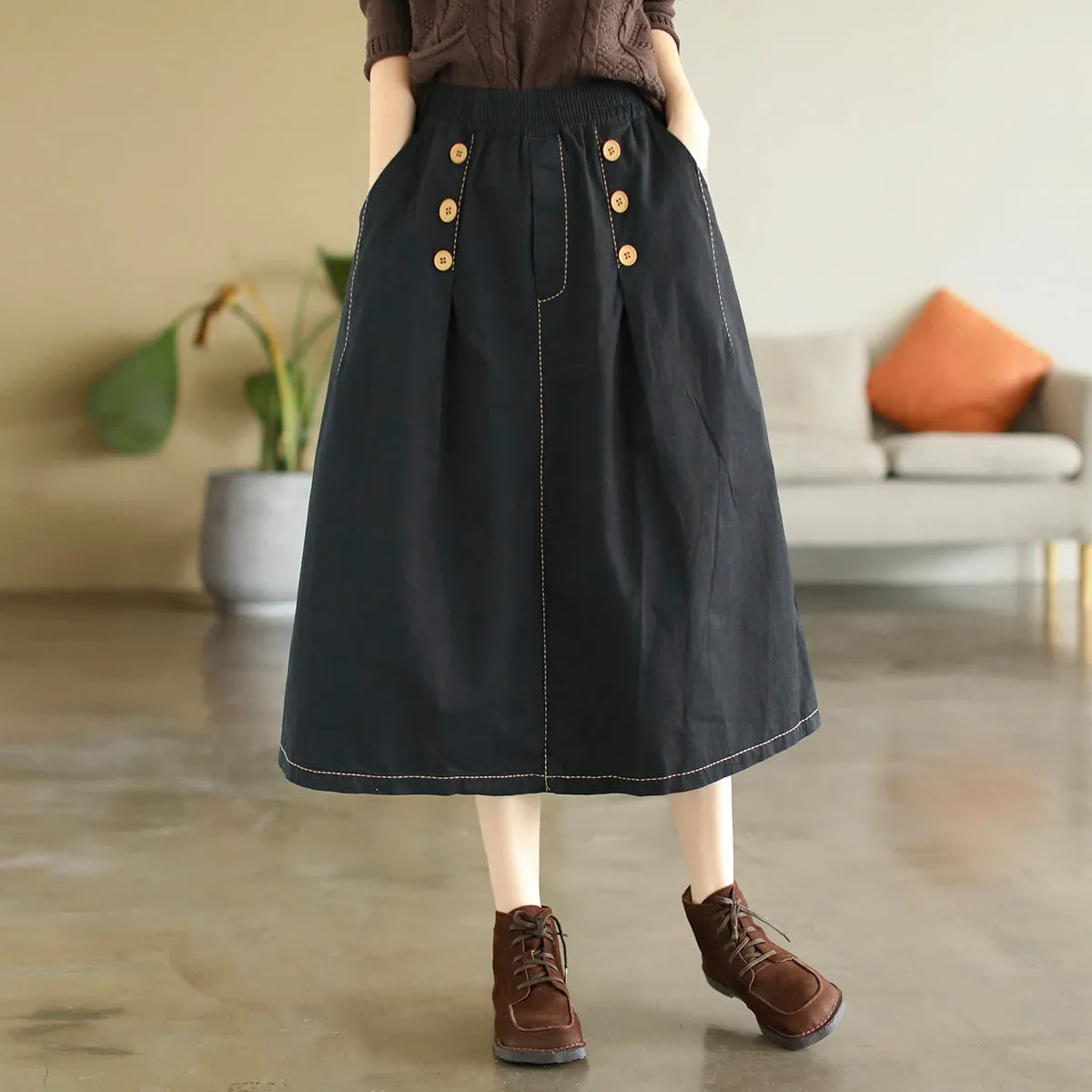 Early Autumn Retro Solid Cotton A-Line Skirt