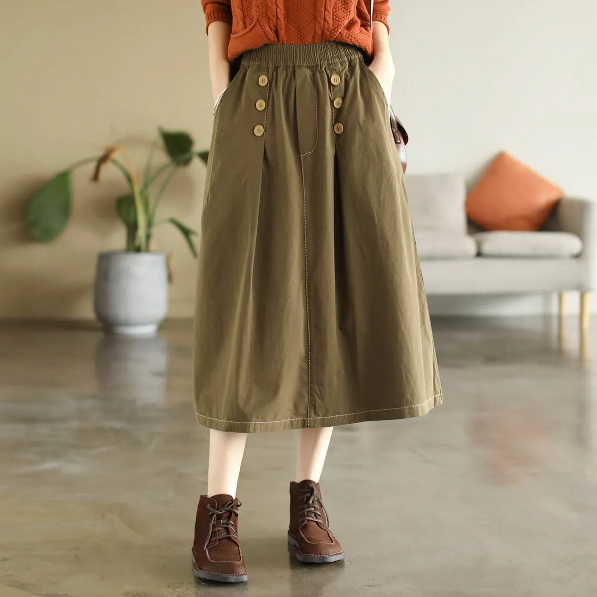 Early Autumn Retro Solid Cotton A-Line Skirt