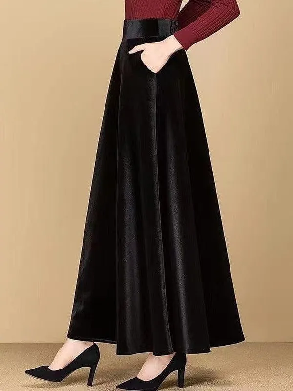 Elegant Black Gold Velvet Maxi Skirt with Pockets