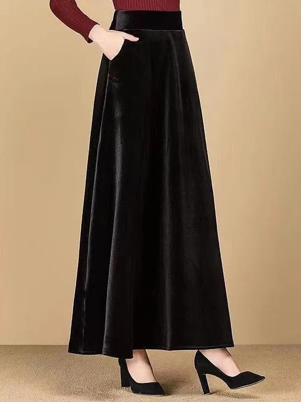 Elegant Black Gold Velvet Maxi Skirt with Pockets