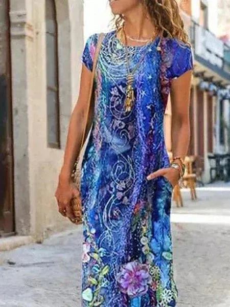 Elegant Blue Floral Print A Line Maxi Dress with Short Sleeves