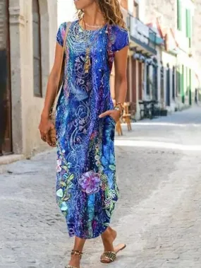 Elegant Blue Floral Print A Line Maxi Dress with Short Sleeves